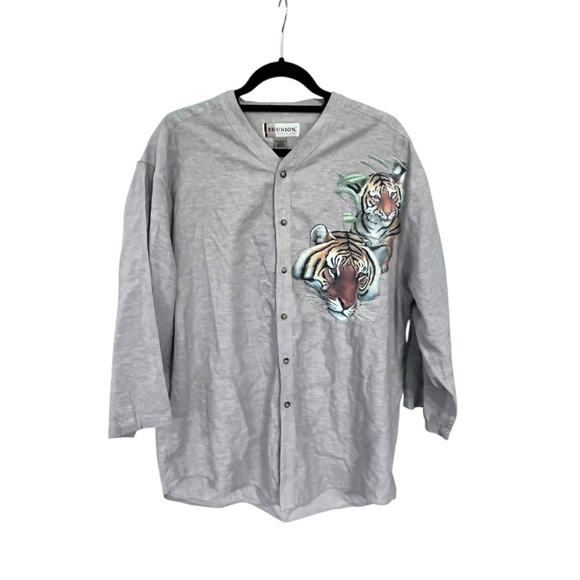 Reunion Menswear Vintage Tiger Linen Button Down Short Sleeve Shirt Size Large - Picture 2 of 5